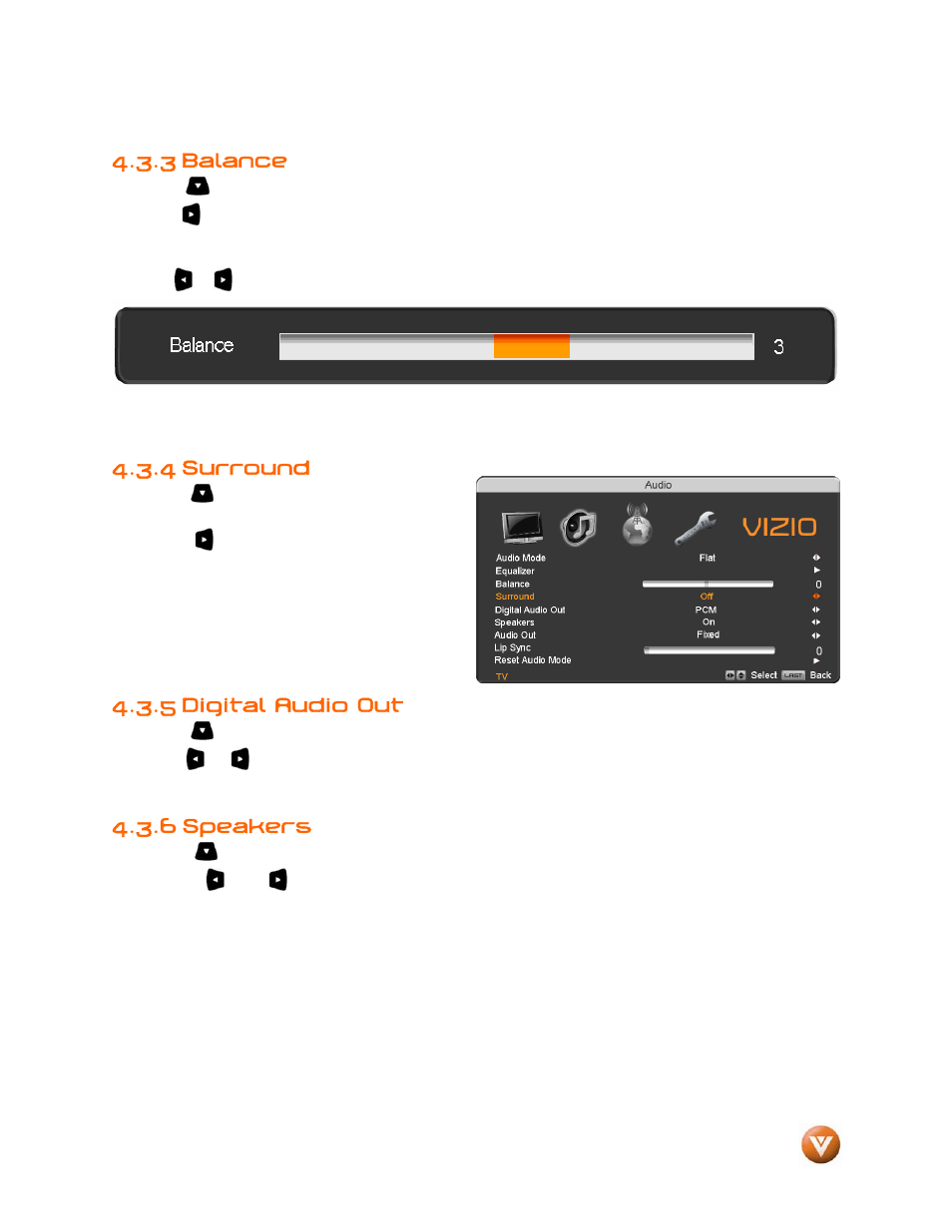 3 balance, Surround, 5 digital audio out | 6 speakers, 4 surround | Vizio VP504 FHDTV10A User Manual | Page 45 / 106
