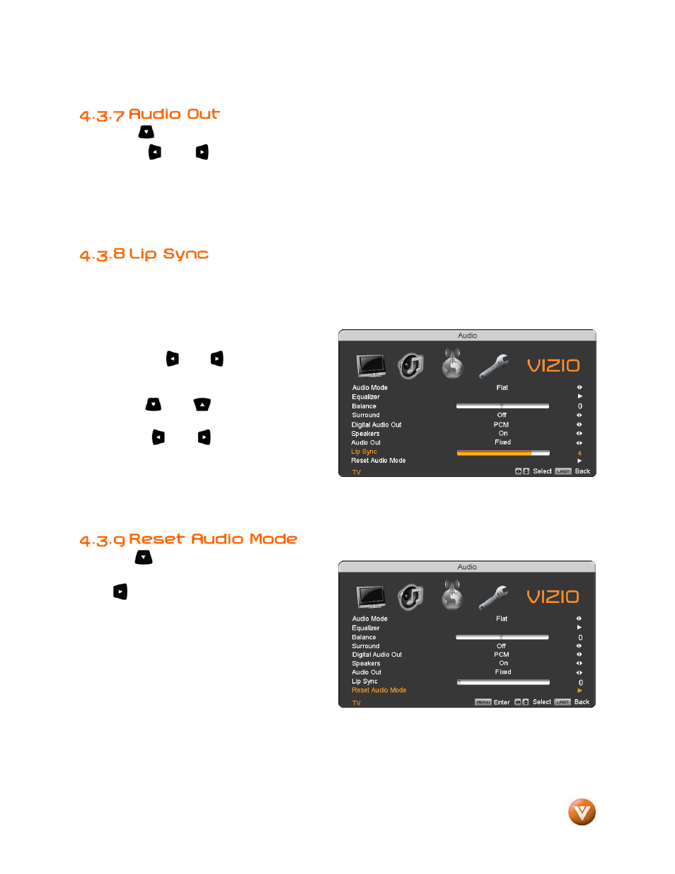 7 audio out, 8 lip sync, 9 reset audio mode | Vizio VP504 FHDTV10A User Manual | Page 46 / 106