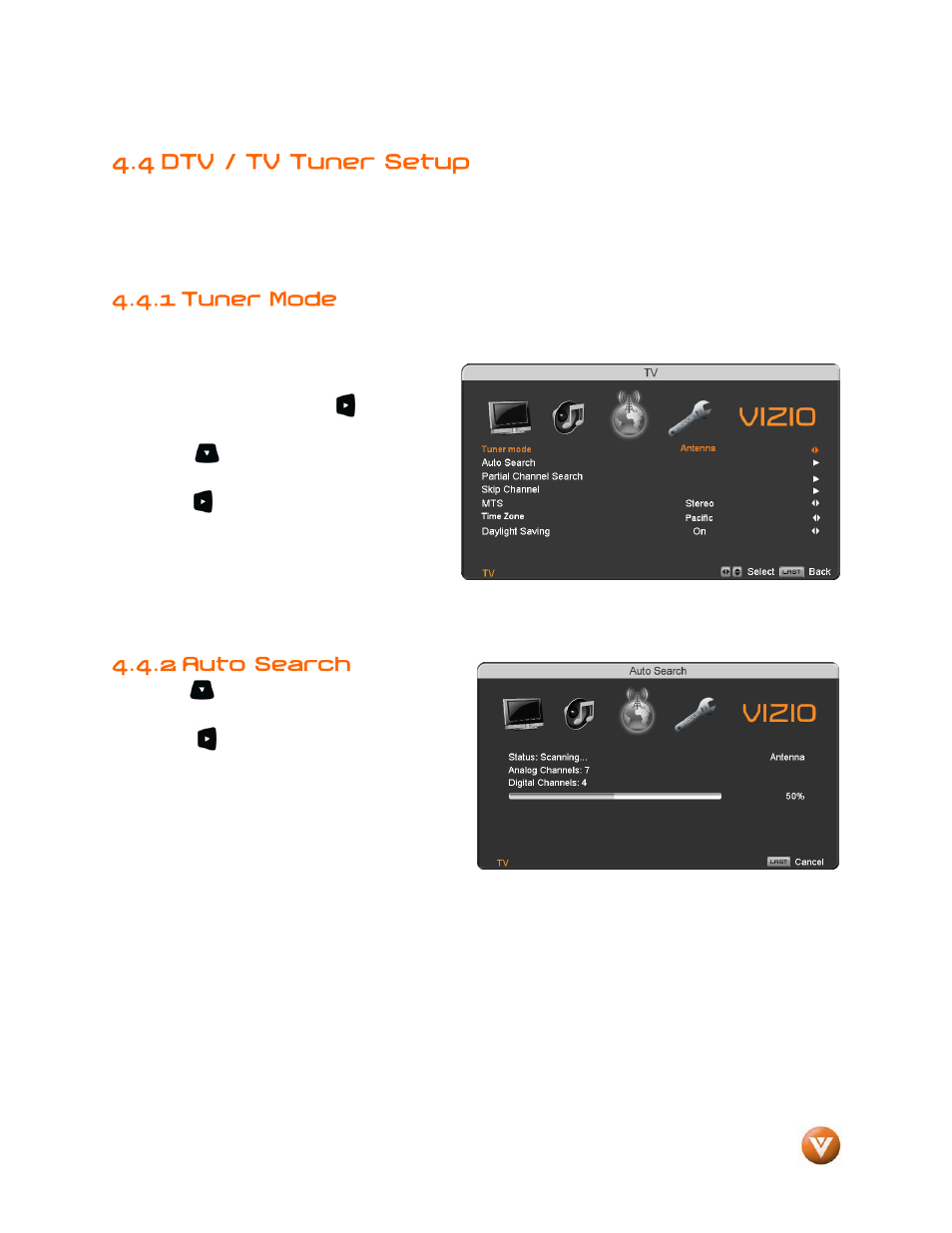 4 dtv / tv tuner setup, 1 tuner mode, Auto search | 2 auto search | Vizio VP504 FHDTV10A User Manual | Page 47 / 106
