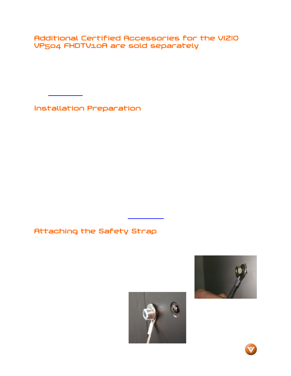 Installation preparation, Attaching the safety strap | Vizio VP504 FHDTV10A User Manual | Page 5 / 106