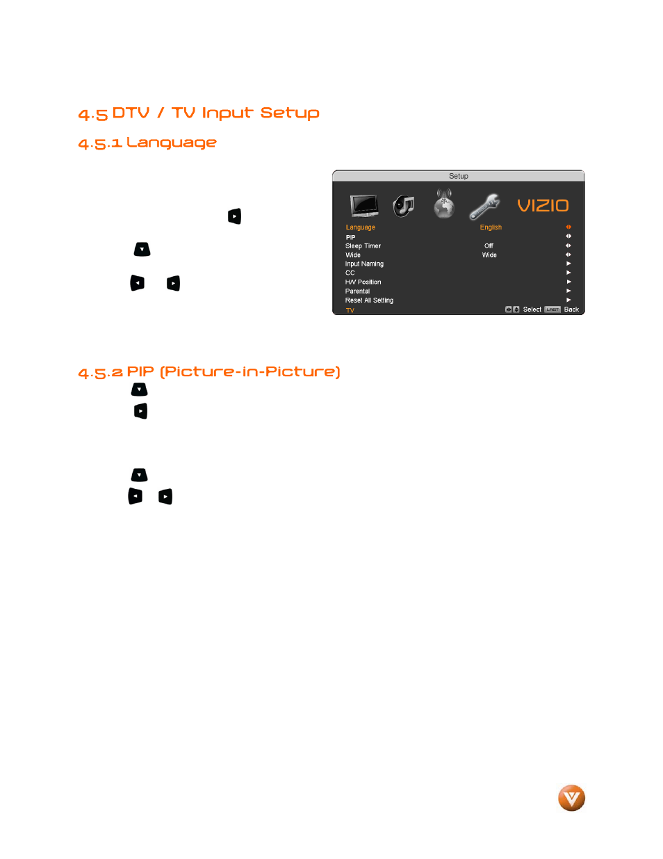 5 dtv / tv input setup, 1 language, 2 pip (picture-in-picture) | Pip mode | Vizio VP504 FHDTV10A User Manual | Page 50 / 106