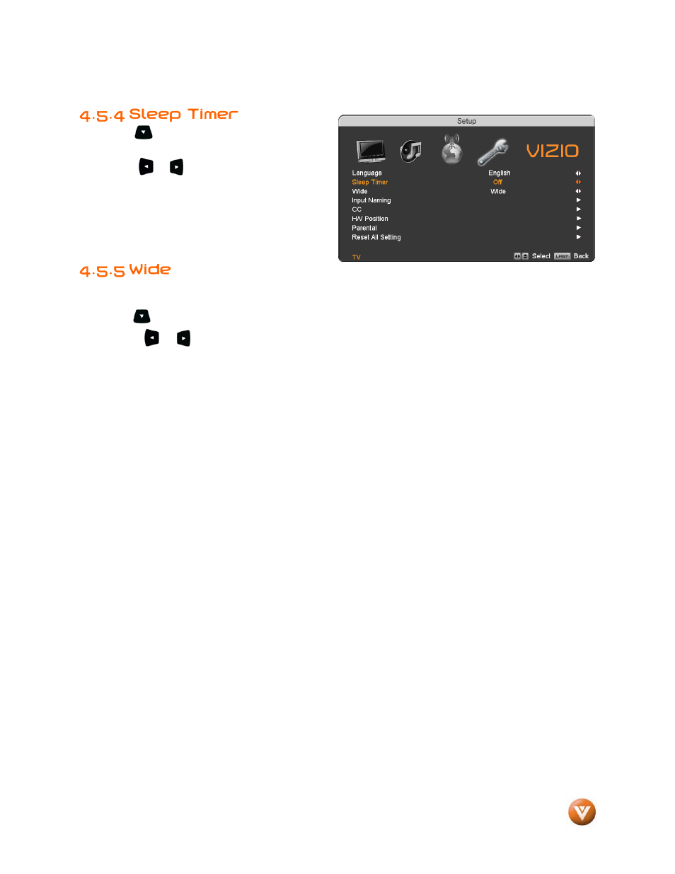 4 sleep timer, 5 wide | Vizio VP504 FHDTV10A User Manual | Page 53 / 106
