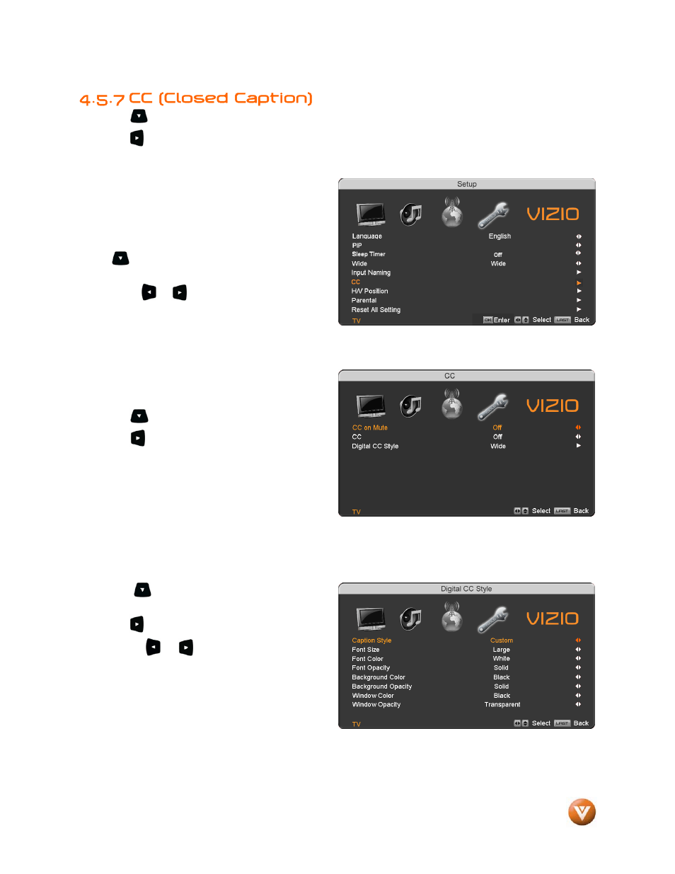 7 cc (closed caption) | Vizio VP504 FHDTV10A User Manual | Page 55 / 106