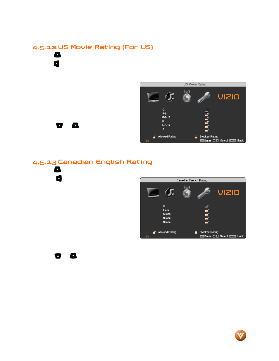 12 us movie rating (for us), 13 canadian english rating | Vizio VP504 FHDTV10A User Manual | Page 59 / 106