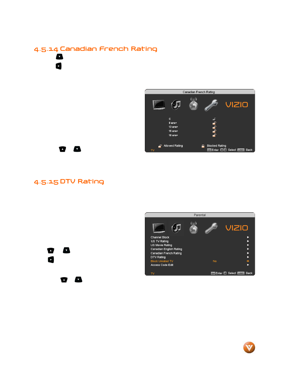 14 canadian french rating, 15 dtv rating | Vizio VP504 FHDTV10A User Manual | Page 60 / 106