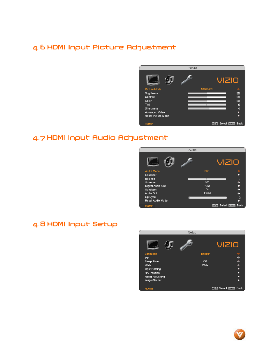 6 hdmi input picture adjustment, 7 hdmi input audio adjustment, Hdmi input setup | 8 hdmi input setup | Vizio VP504 FHDTV10A User Manual | Page 63 / 106