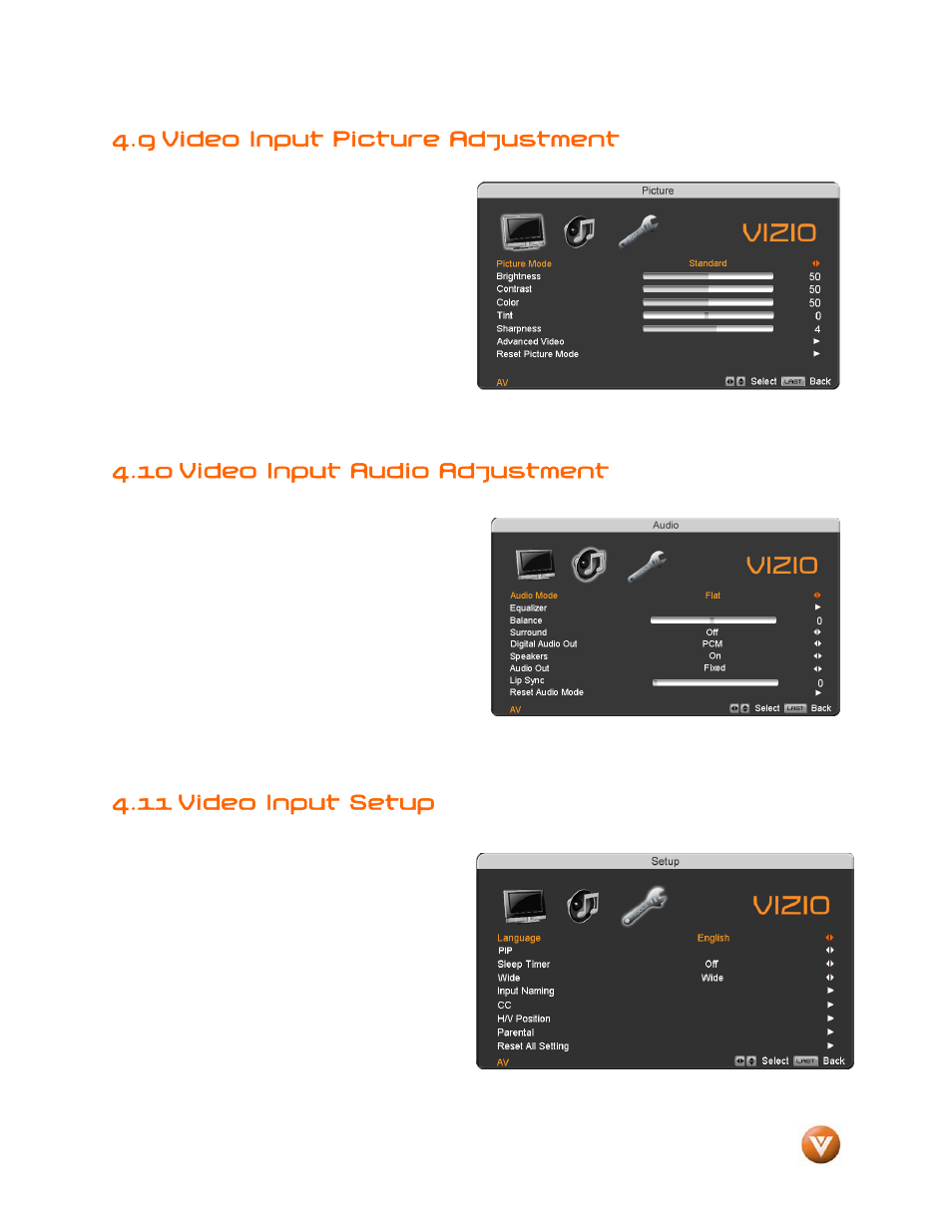 9 video input picture adjustment, 10 video input audio adjustment, 11 video input setup | Vizio VP504 FHDTV10A User Manual | Page 64 / 106