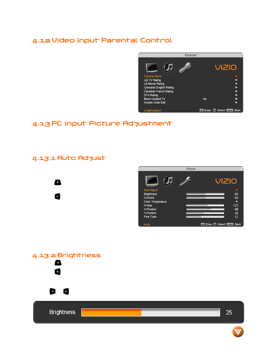12 video input parental control, 13 pc input picture adjustment, 1 auto adjust | 2 brightness | Vizio VP504 FHDTV10A User Manual | Page 66 / 106