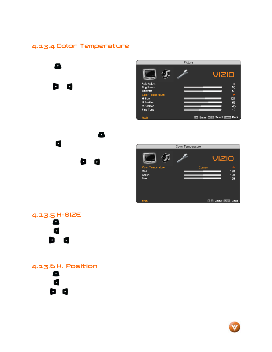 4 color temperature, 5 h-size, 6 h. position | Vizio VP504 FHDTV10A User Manual | Page 68 / 106
