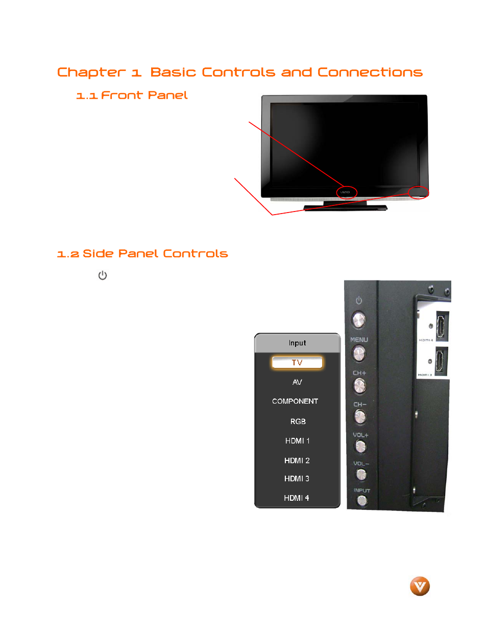 Chapter 1 basic controls and connections, Front panel, 2 side panel controls | 1 front panel | Vizio VP504 FHDTV10A User Manual | Page 9 / 106