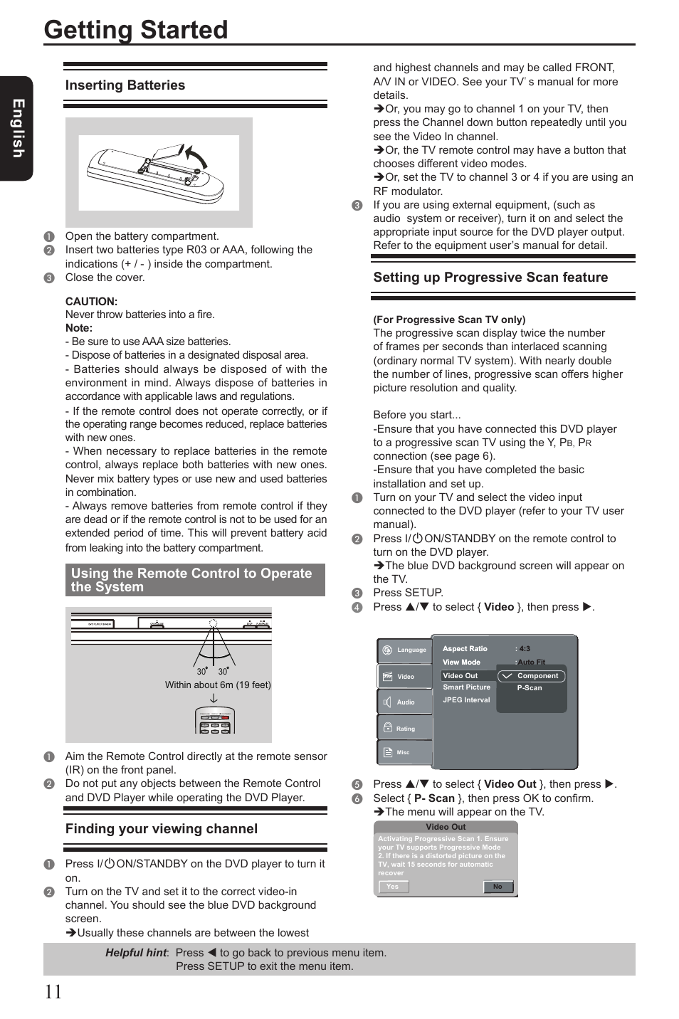 Getting started, Eng lis h, Inserting batteries | Using the remote control to operate the system, Finding your viewing channel, Setting up progressive scan feature | Vizio SD4200KU User Manual | Page 12 / 28