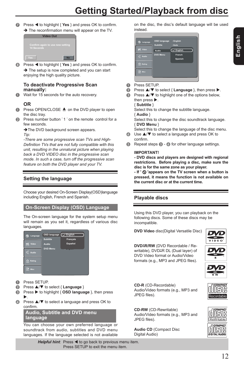 Getting started/playback from disc, Eng lis h, Playable discs | Setting the language, On-screen display (osd) language, Audio, subtitle and dvd menu language | Vizio SD4200KU User Manual | Page 13 / 28