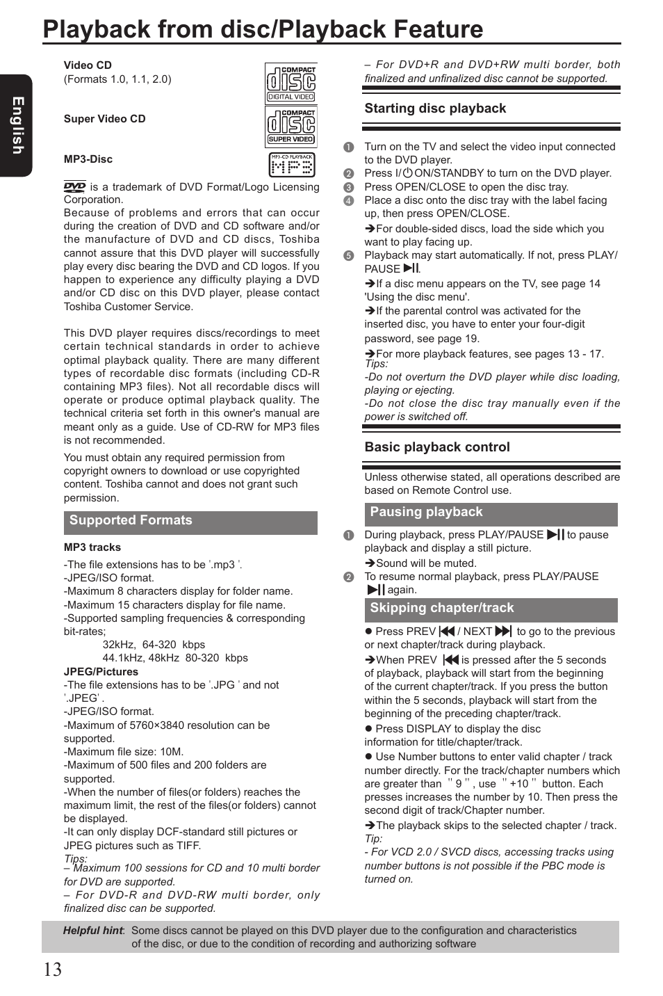 Playback from disc/playback feature, Eng lis h, Supported formats | Starting disc playback, Basic playback control, Pausing playback, Skipping chapter/track | Vizio SD4200KU User Manual | Page 14 / 28