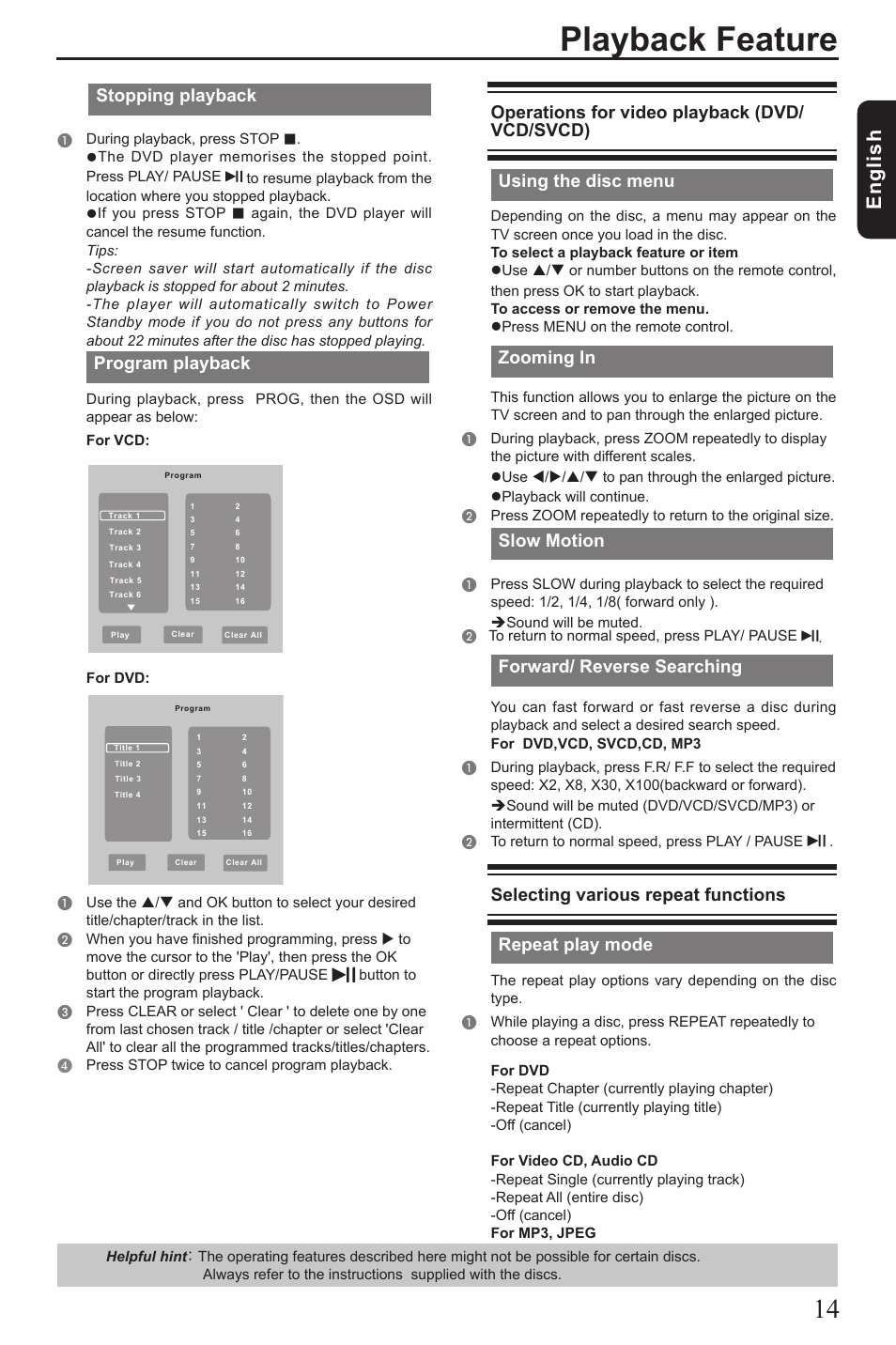 Playback feature, Eng lis h, Stopping playback | Program playback, Operations for video playback (dvd/ vcd/svcd), Using the disc menu, Zooming in, Slow motion, Forward/ reverse searching, Selecting various repeat functions | Vizio SD4200KU User Manual | Page 15 / 28