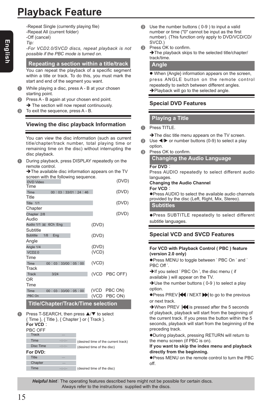 Playback feature, Eng lis h, Viewing the disc playback information | Title/chapter/track/time selection, Angle, Special dvd features, Playing a title, Changing the audio language, Subtitles, Special vcd and svcd features | Vizio SD4200KU User Manual | Page 16 / 28