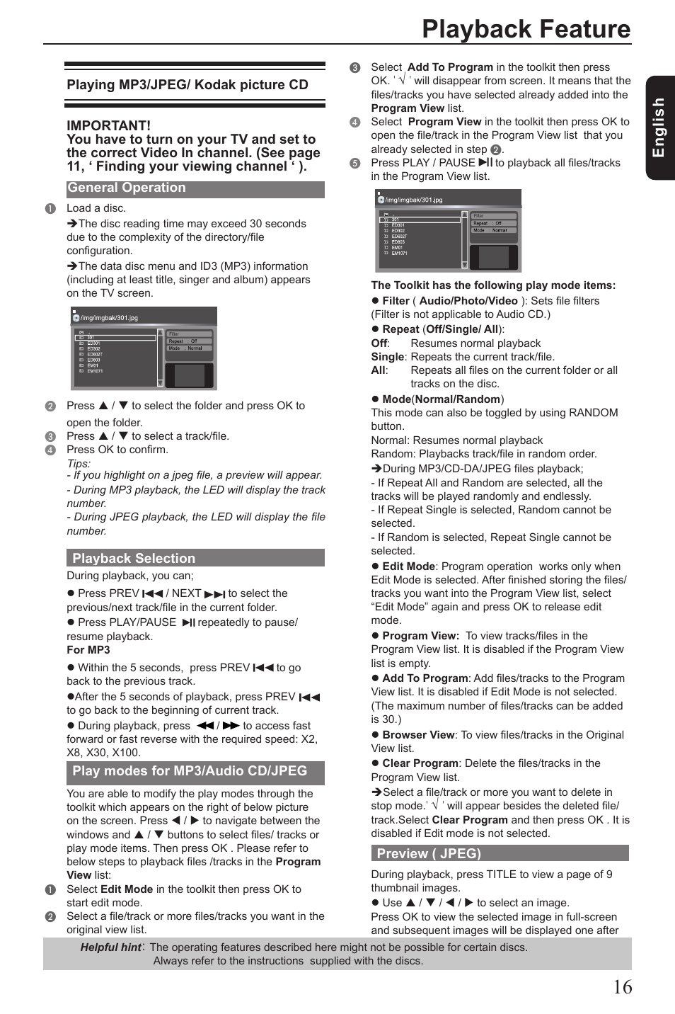 Playback feature, Eng lis h, Preview ( jpeg) | General operation, Playback selection, Play modes for mp3/audio cd/jpeg | Vizio SD4200KU User Manual | Page 17 / 28