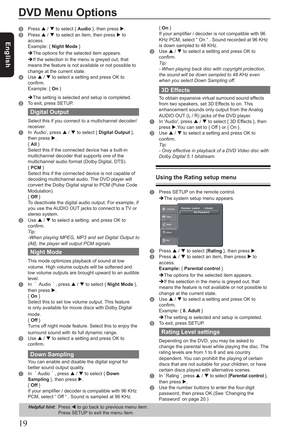 Dvd menu options, Eng lis h, Digital output | Night mode, Down sampling, 3d effects, Using the rating setup menu, Rating level settings | Vizio SD4200KU User Manual | Page 20 / 28