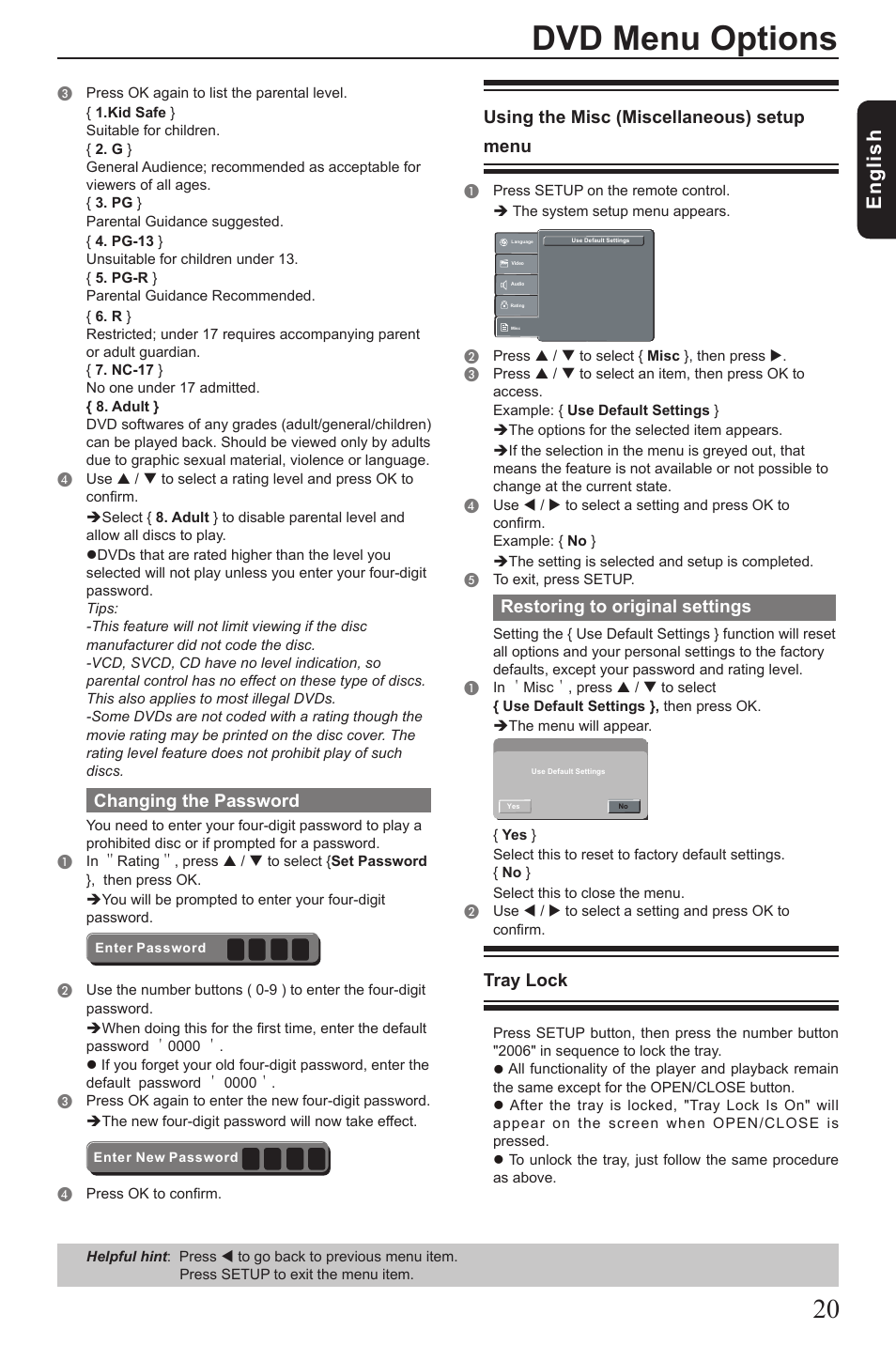 Dvd menu options, Eng lis h, Changing the password | Using the misc (miscellaneous) setup menu, Restoring to original settings, Tray lock | Vizio SD4200KU User Manual | Page 21 / 28
