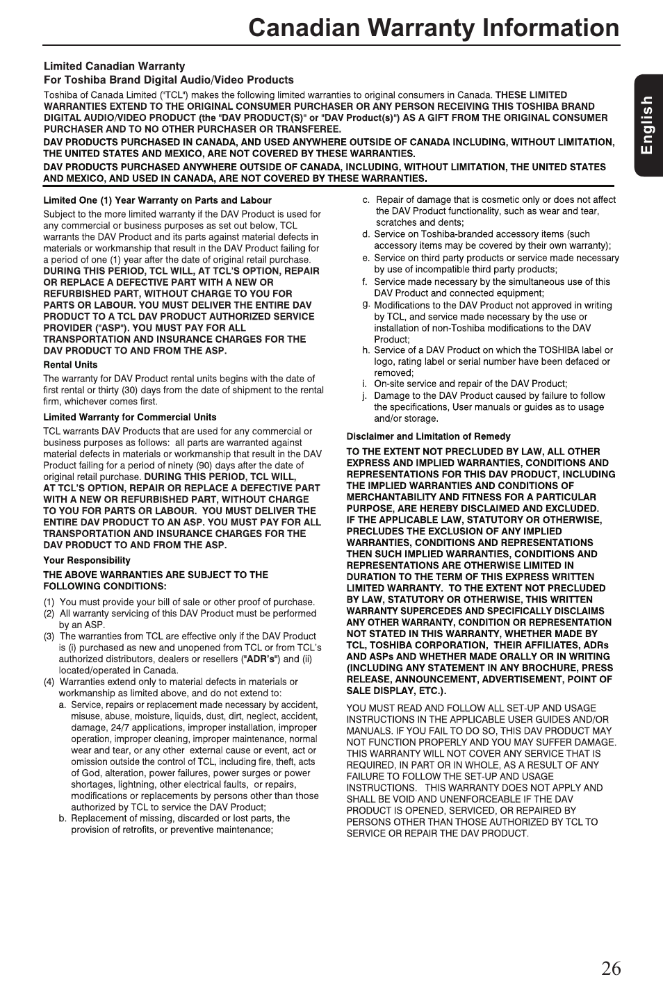 Canadian warranty information | Vizio SD4200KU User Manual | Page 27 / 28