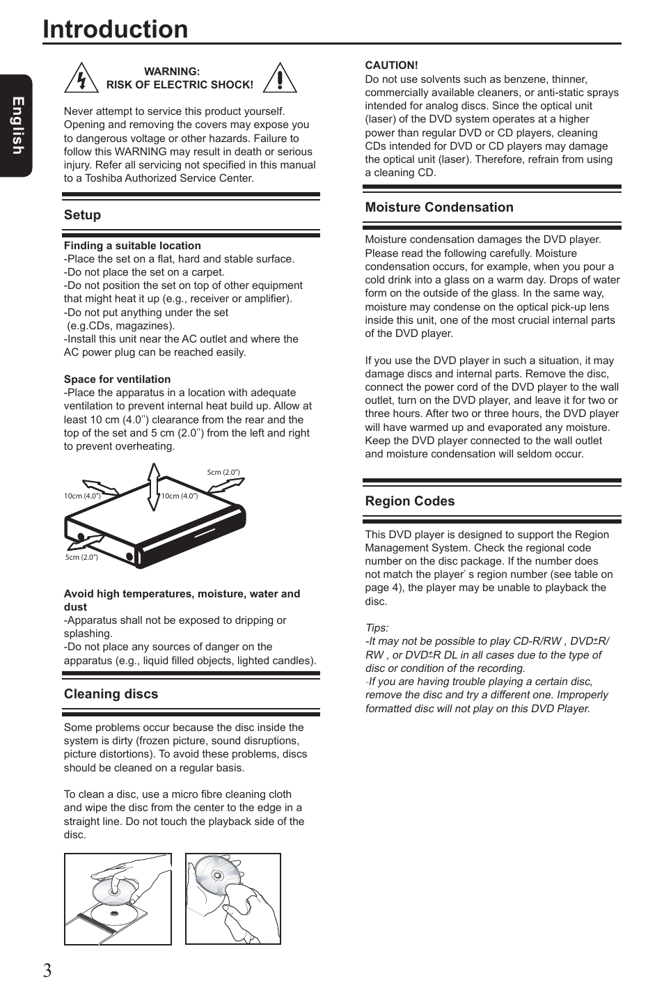 Introduction, Eng lis h, Moisture condensation | Region codes, Setup, Cleaning discs | Vizio SD4200KU User Manual | Page 4 / 28