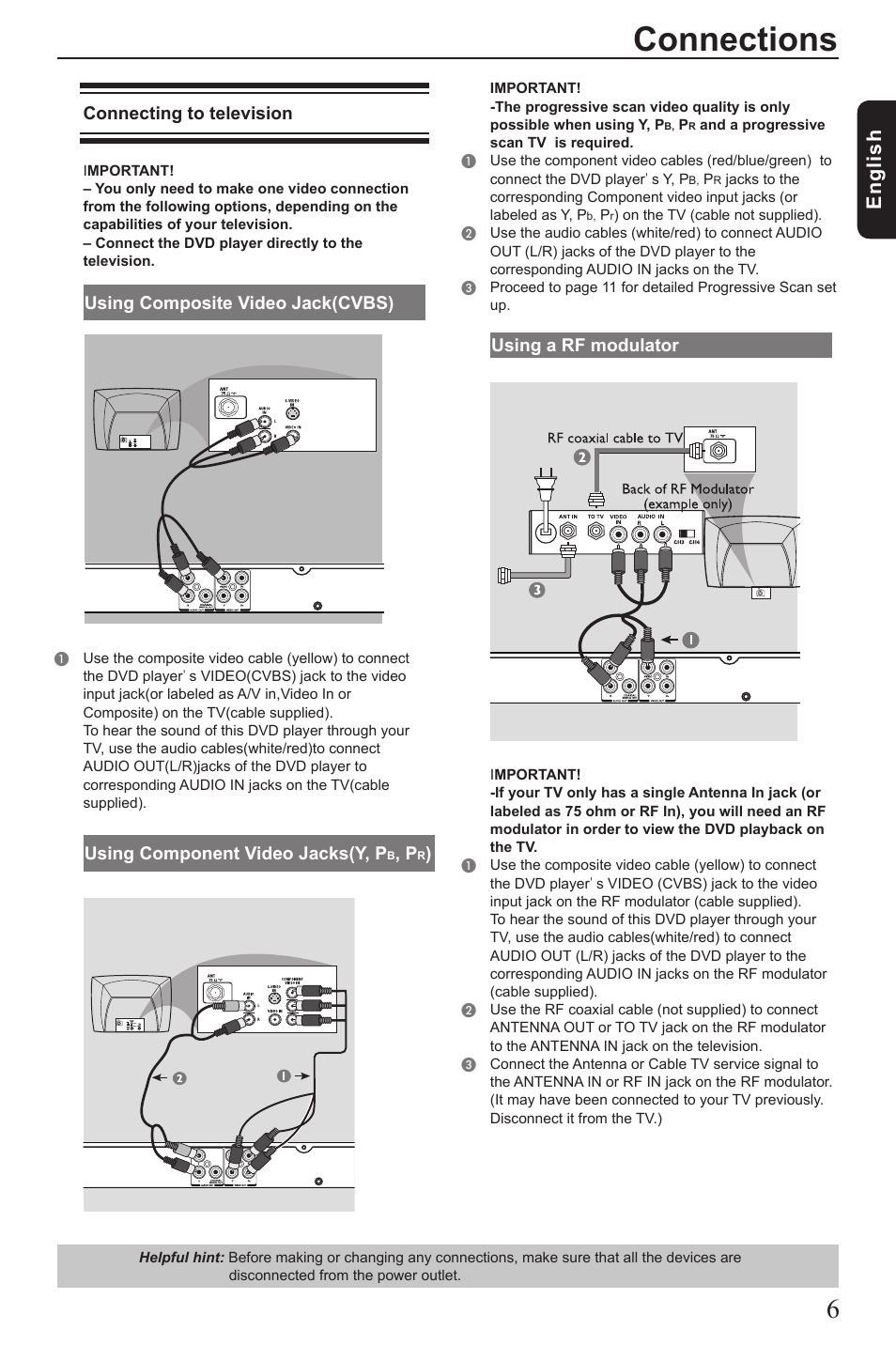 Connections, Eng lis h, Connecting to television | Using composite video jack(cvbs), Using component video jacks(y, p, Using a rf modulator | Vizio SD4200KU User Manual | Page 7 / 28