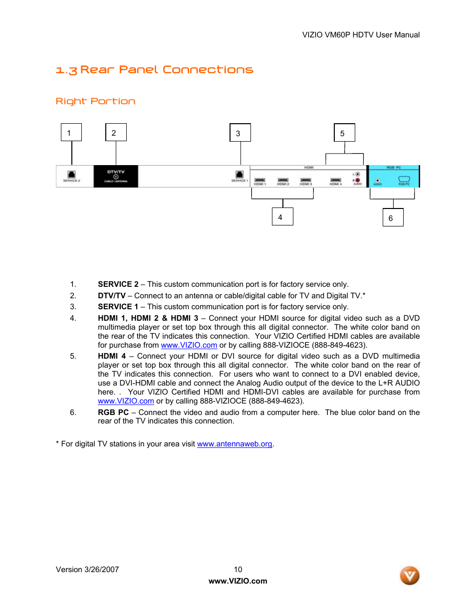 3 rear panel connections | Vizio VM60P User Manual | Page 10 / 75