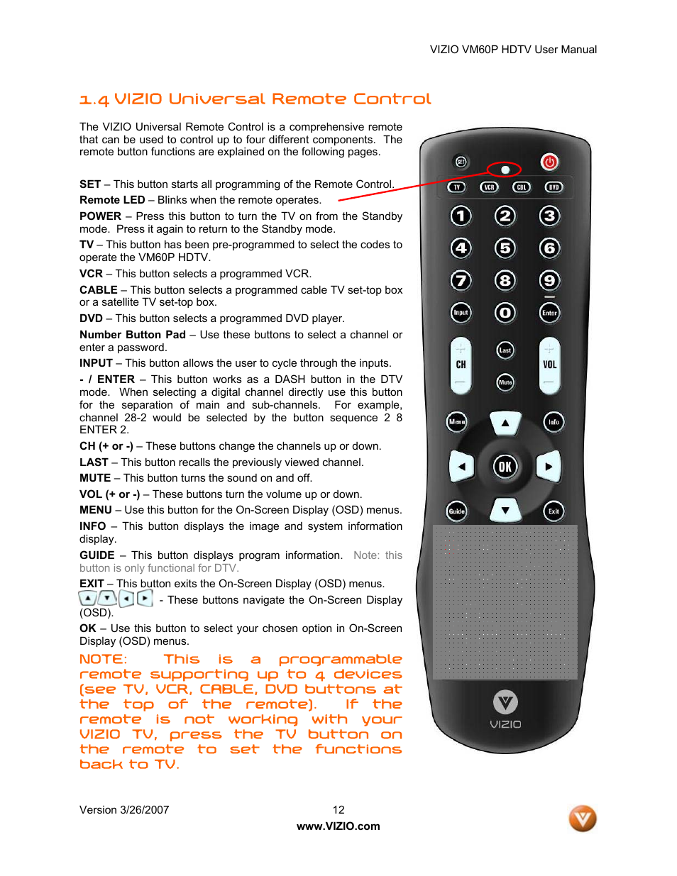 4 vizio universal remote control | Vizio VM60P User Manual | Page 12 / 75