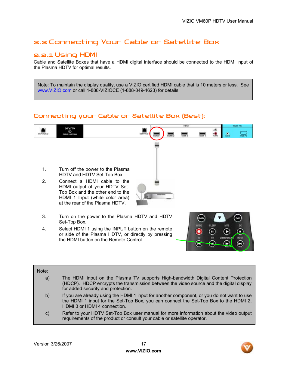 2 connecting your cable or satellite box, 1 using hdmi | Vizio VM60P User Manual | Page 17 / 75