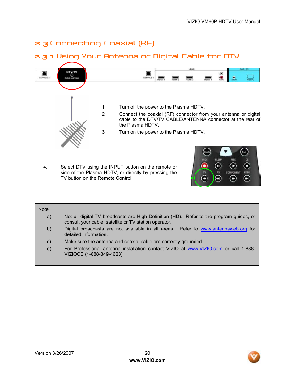 3 connecting coaxial (rf), 1 using your antenna or digital cable for dtv | Vizio VM60P User Manual | Page 20 / 75