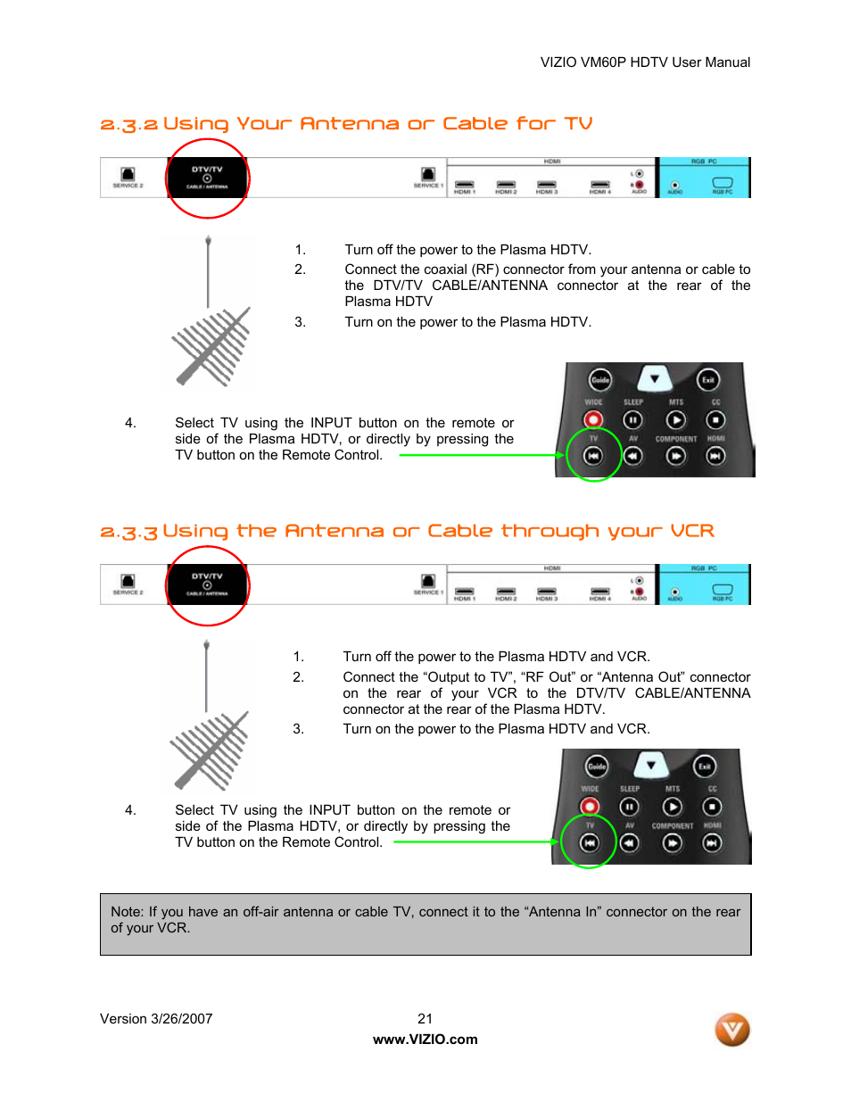 2 using your antenna or cable for tv, 3 using the antenna or cable through your vcr | Vizio VM60P User Manual | Page 21 / 75