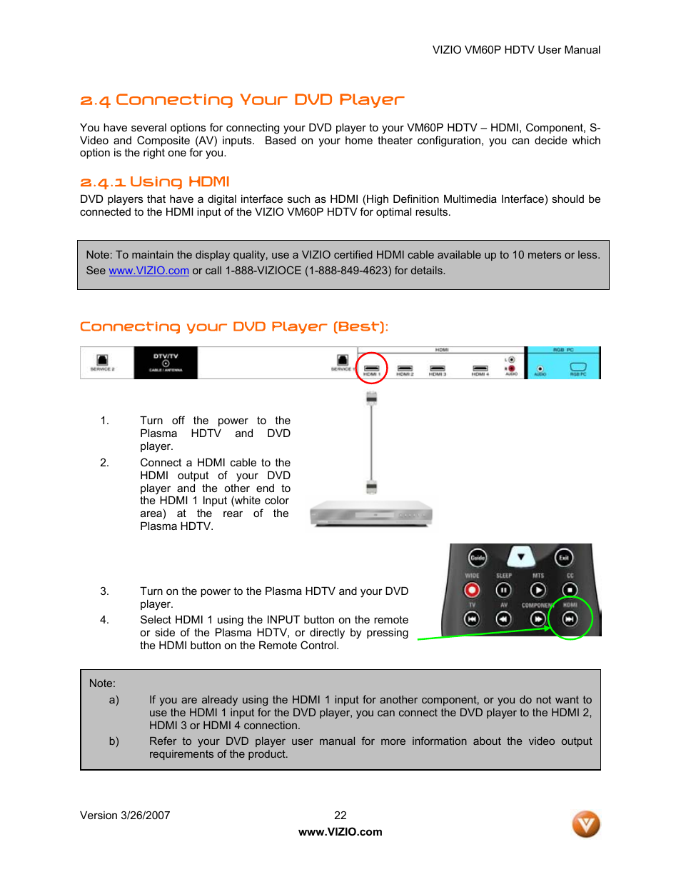 4 connecting your dvd player, 1 using hdmi | Vizio VM60P User Manual | Page 22 / 75