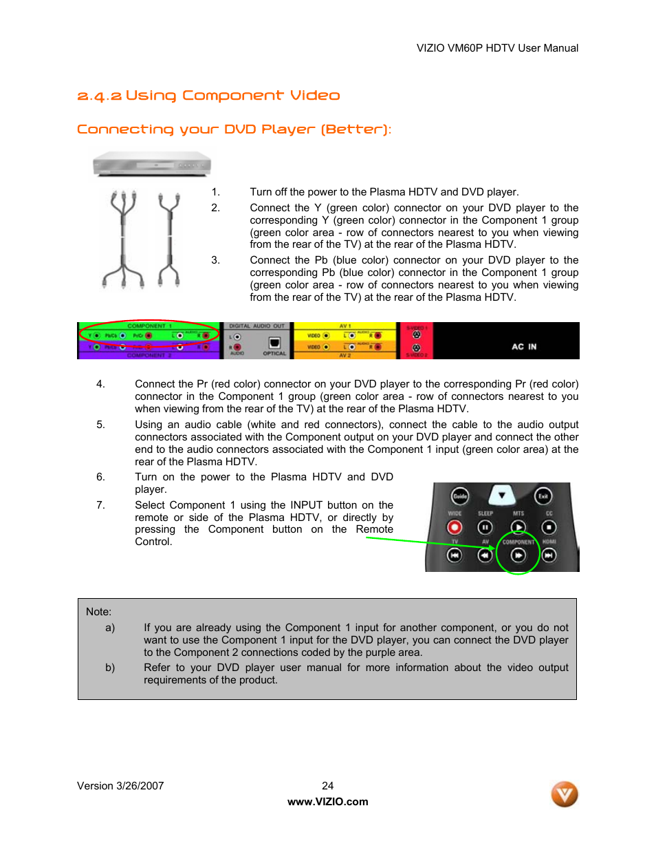 2 using component video | Vizio VM60P User Manual | Page 24 / 75