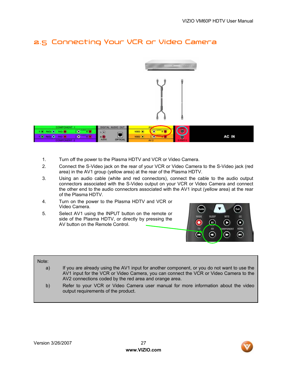 5 connecting your vcr or video camera | Vizio VM60P User Manual | Page 27 / 75