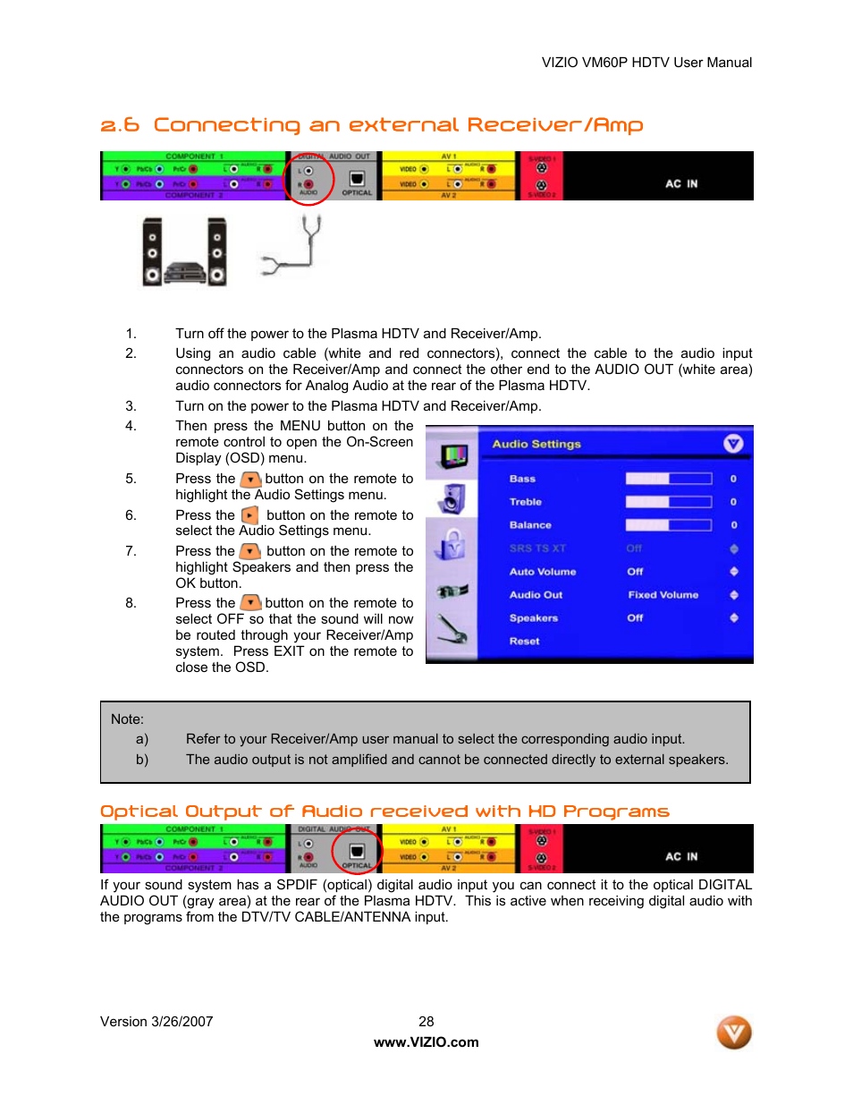 6 connecting an external receiver/amp | Vizio VM60P User Manual | Page 28 / 75