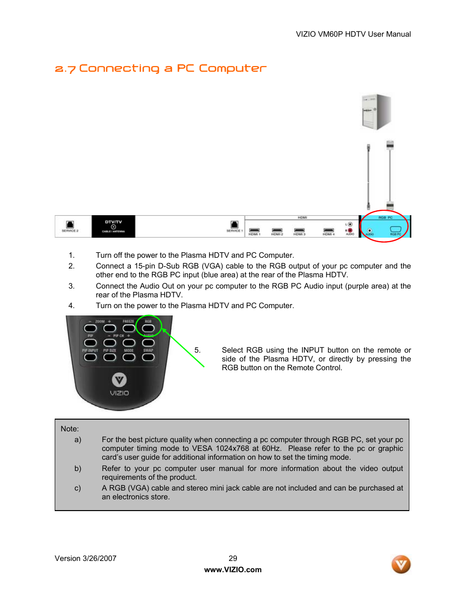 7 connecting a pc computer | Vizio VM60P User Manual | Page 29 / 75