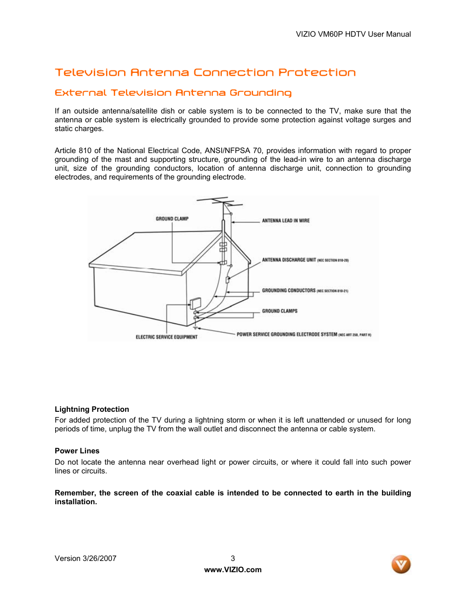 Television antenna connection protection | Vizio VM60P User Manual | Page 3 / 75