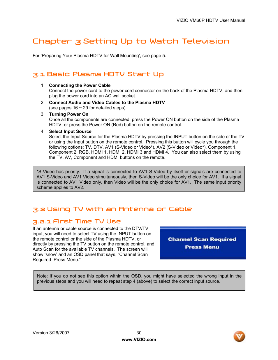 Chapter 3 setting up to watch television, 1 basic plasma hdtv start up, 2 using tv with an antenna or cable | Vizio VM60P User Manual | Page 30 / 75