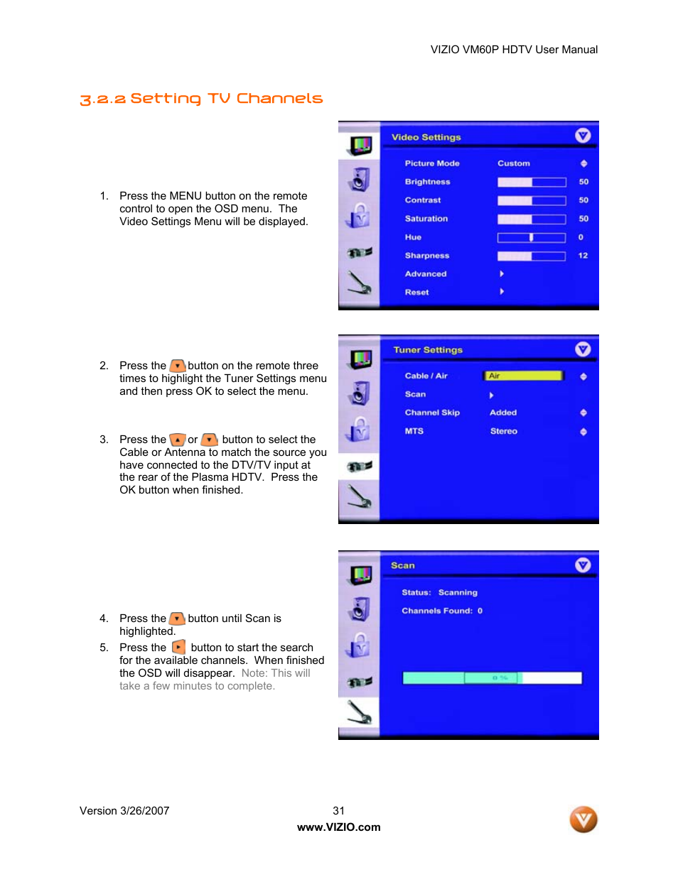 2 setting tv channels | Vizio VM60P User Manual | Page 31 / 75