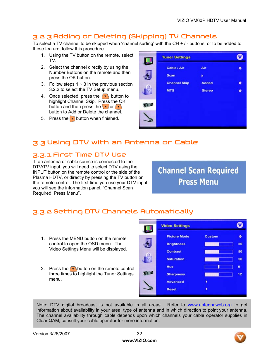 3 using dtv with an antenna or cable, 3 adding or deleting (skipping) tv channels, 1 first time dtv use | 2 setting dtv channels automatically | Vizio VM60P User Manual | Page 32 / 75