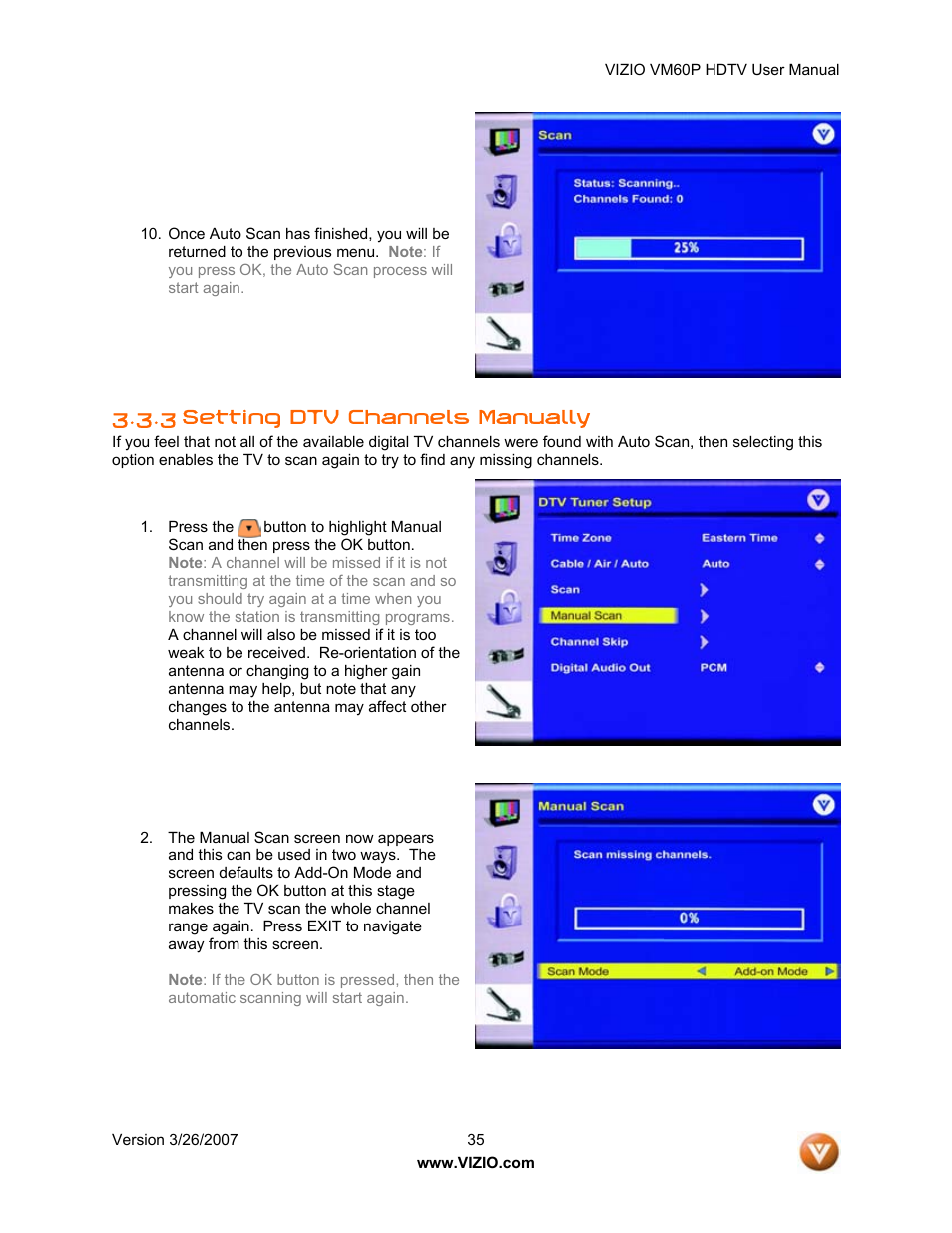 3 setting dtv channels manually | Vizio VM60P User Manual | Page 35 / 75