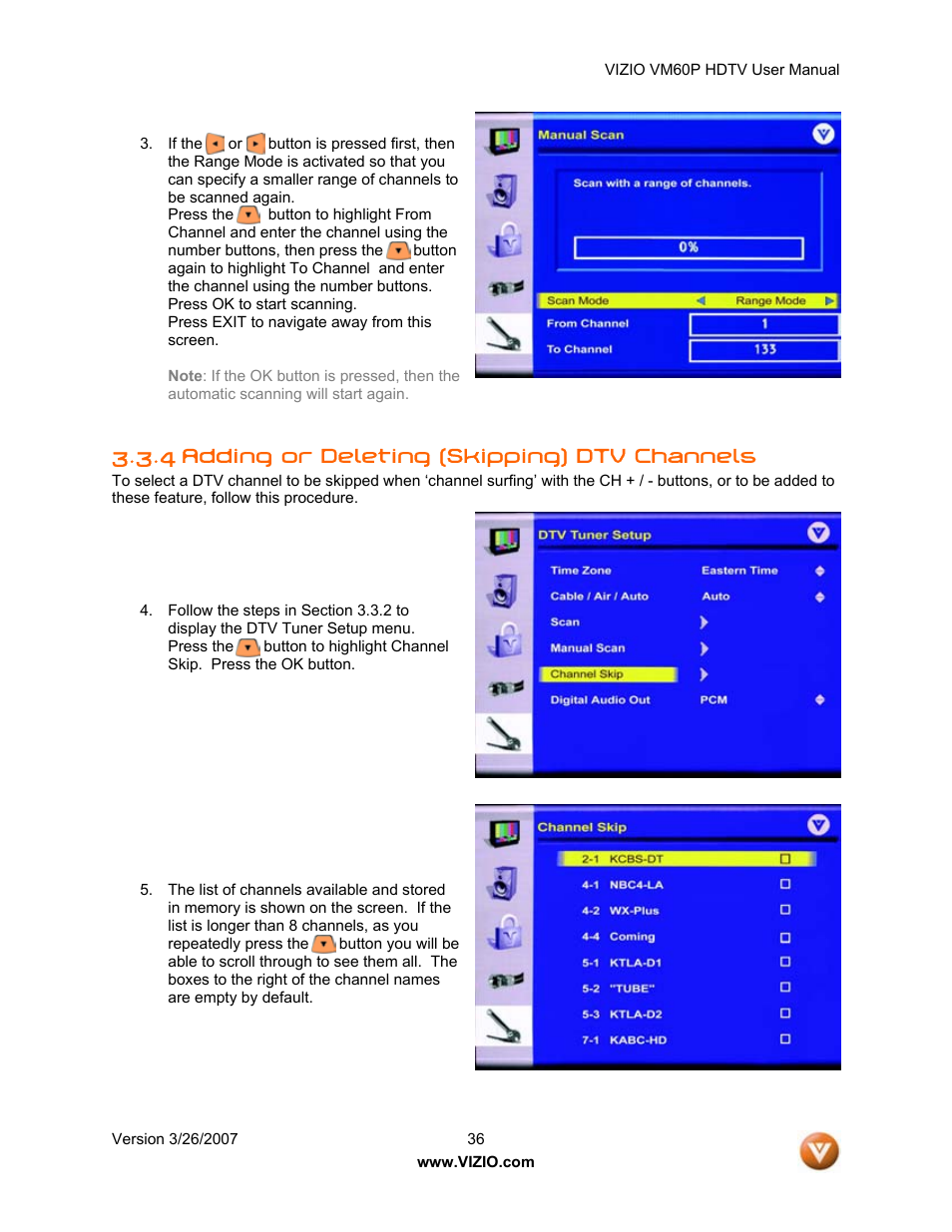 4 adding or deleting (skipping) dtv channels | Vizio VM60P User Manual | Page 36 / 75