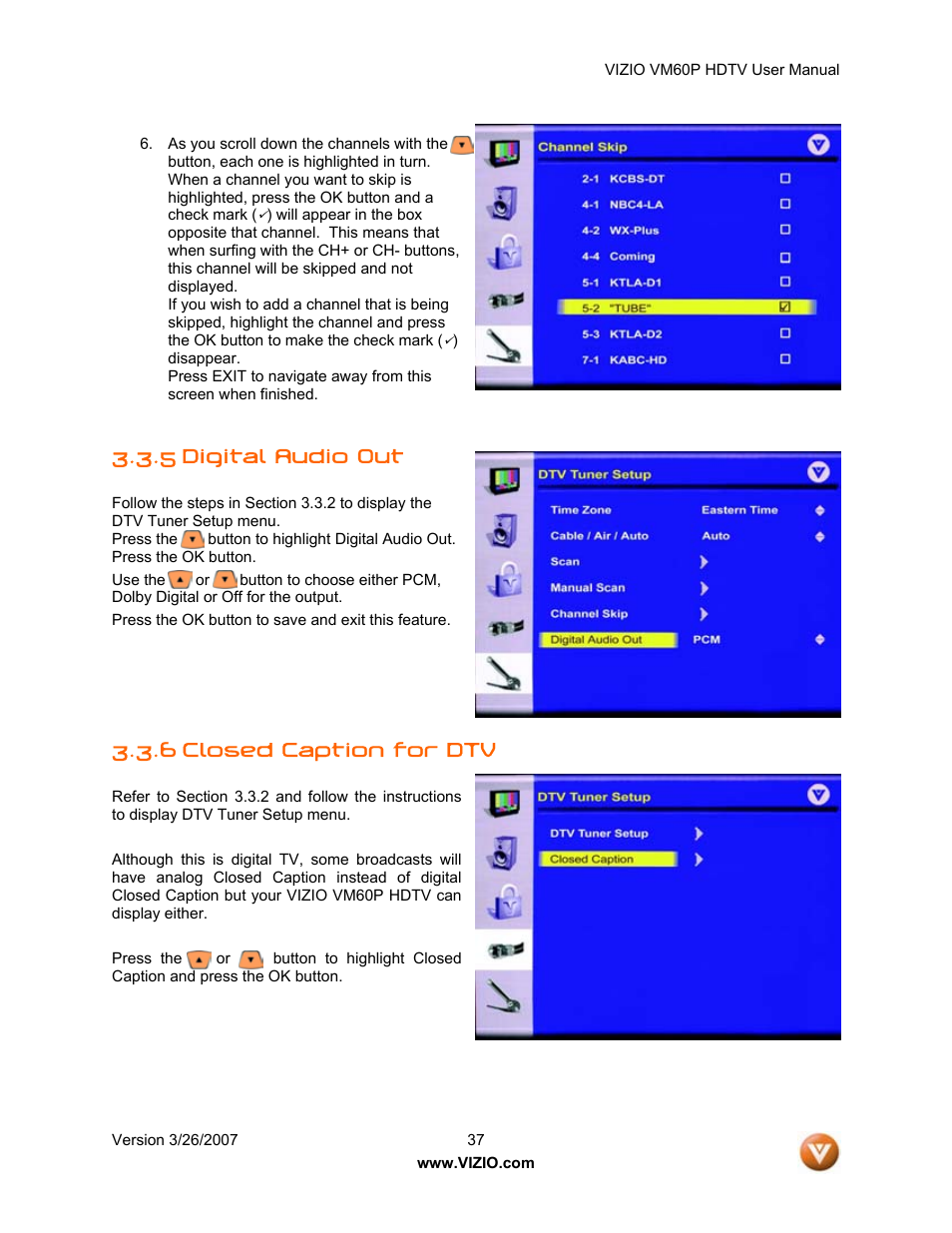 5 digital audio out, 6 closed caption for dtv | Vizio VM60P User Manual | Page 37 / 75