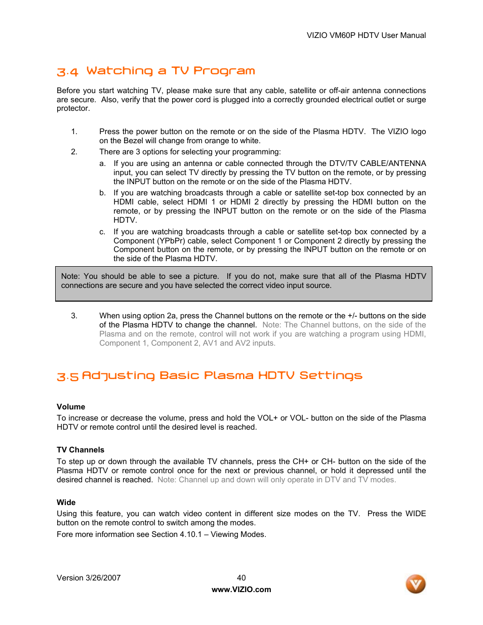 4 watching a tv program, 5 adjusting basic plasma hdtv settings | Vizio VM60P User Manual | Page 40 / 75