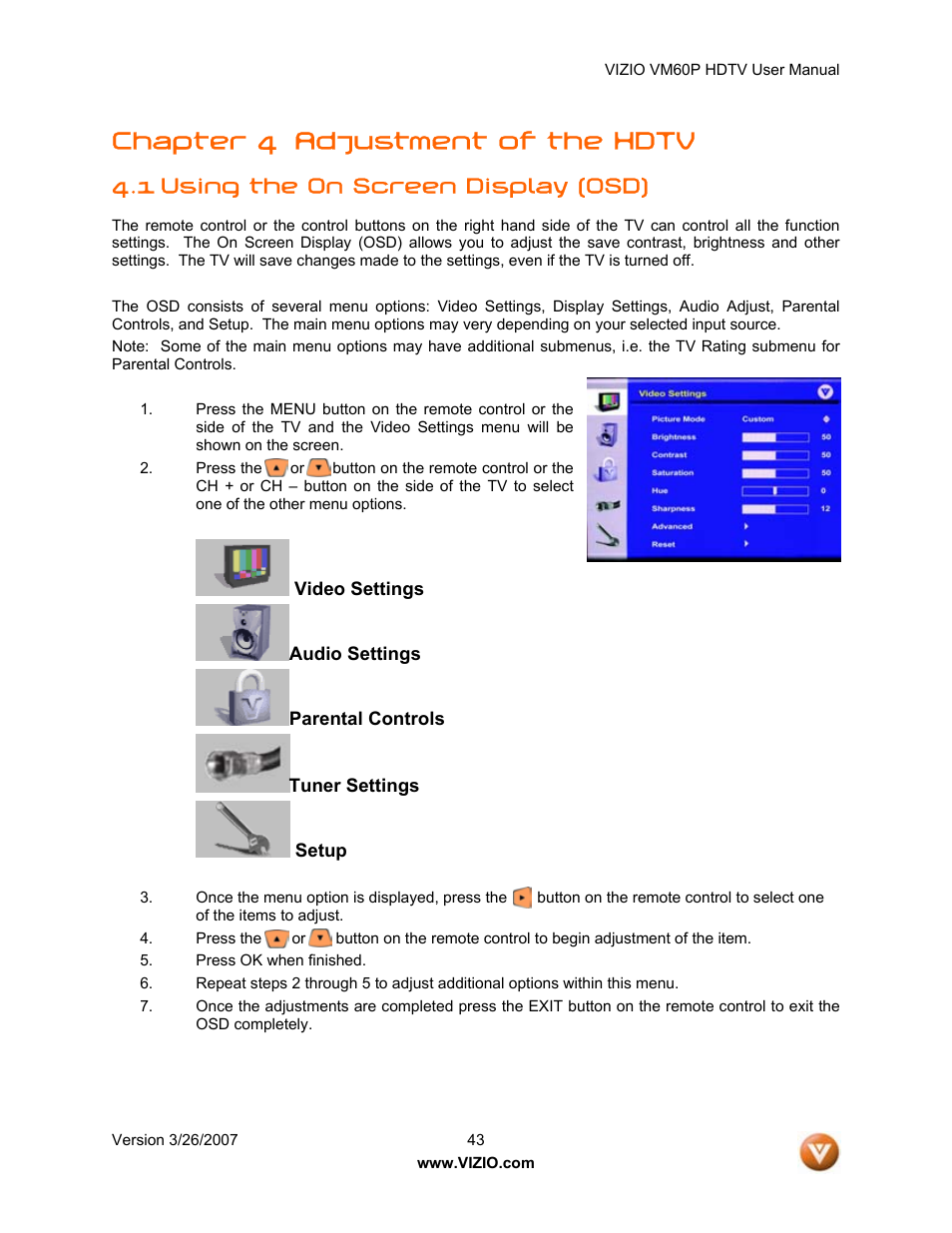 Chapter 4 adjustment of the hdtv, 1 using the on screen display (osd) | Vizio VM60P User Manual | Page 43 / 75