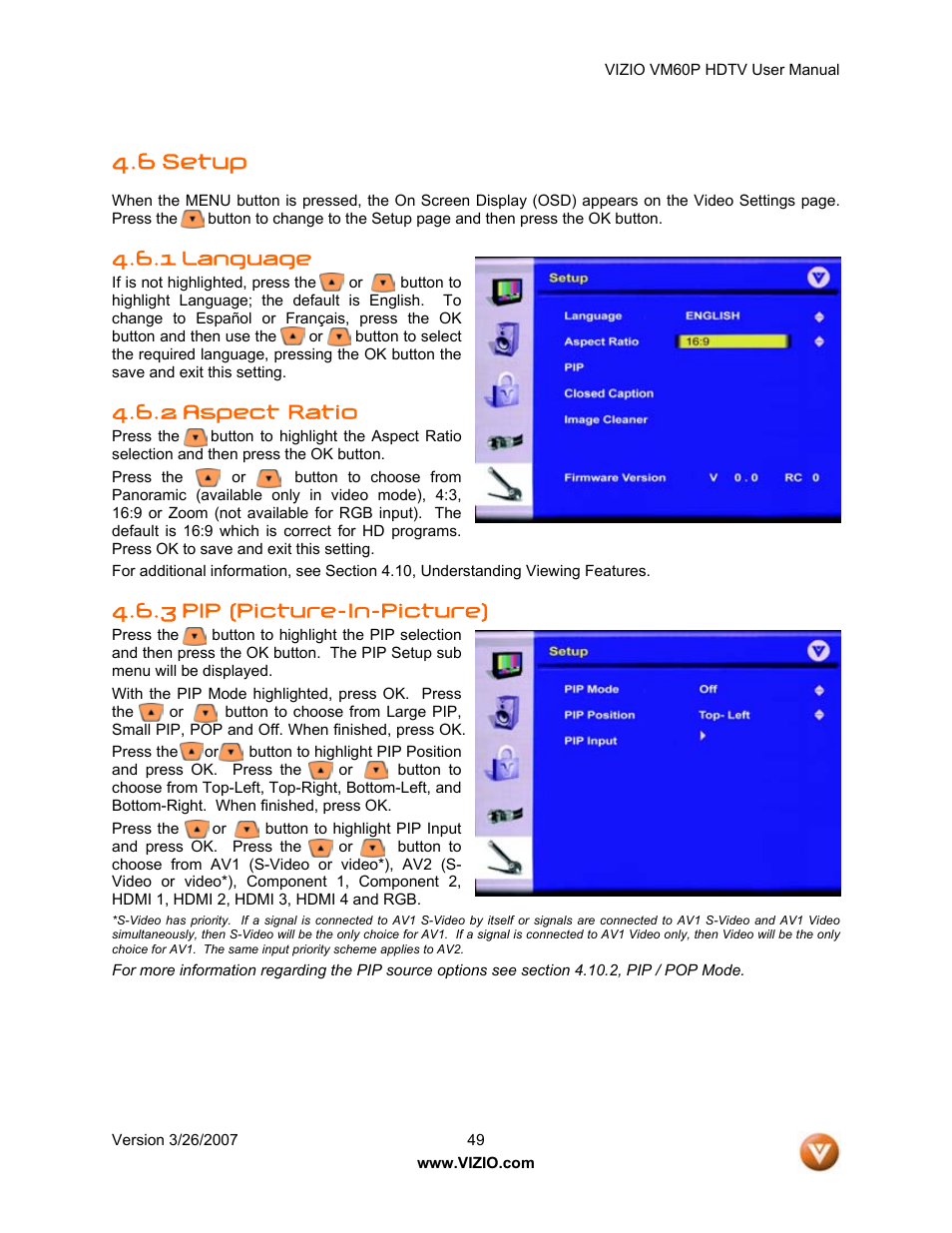 6 setup | Vizio VM60P User Manual | Page 49 / 75