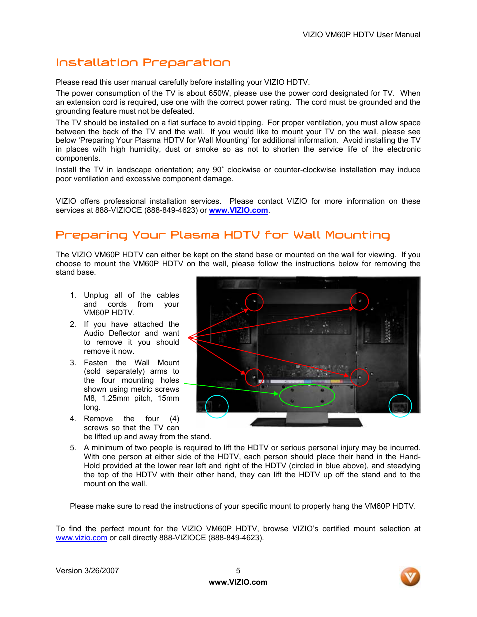 Installation preparation, Preparing your plasma hdtv for wall mounting | Vizio VM60P User Manual | Page 5 / 75
