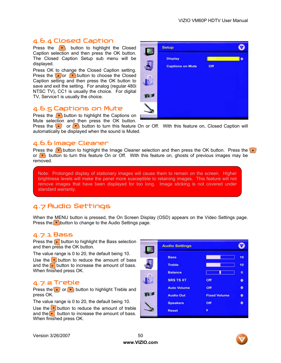 7 audio settings | Vizio VM60P User Manual | Page 50 / 75