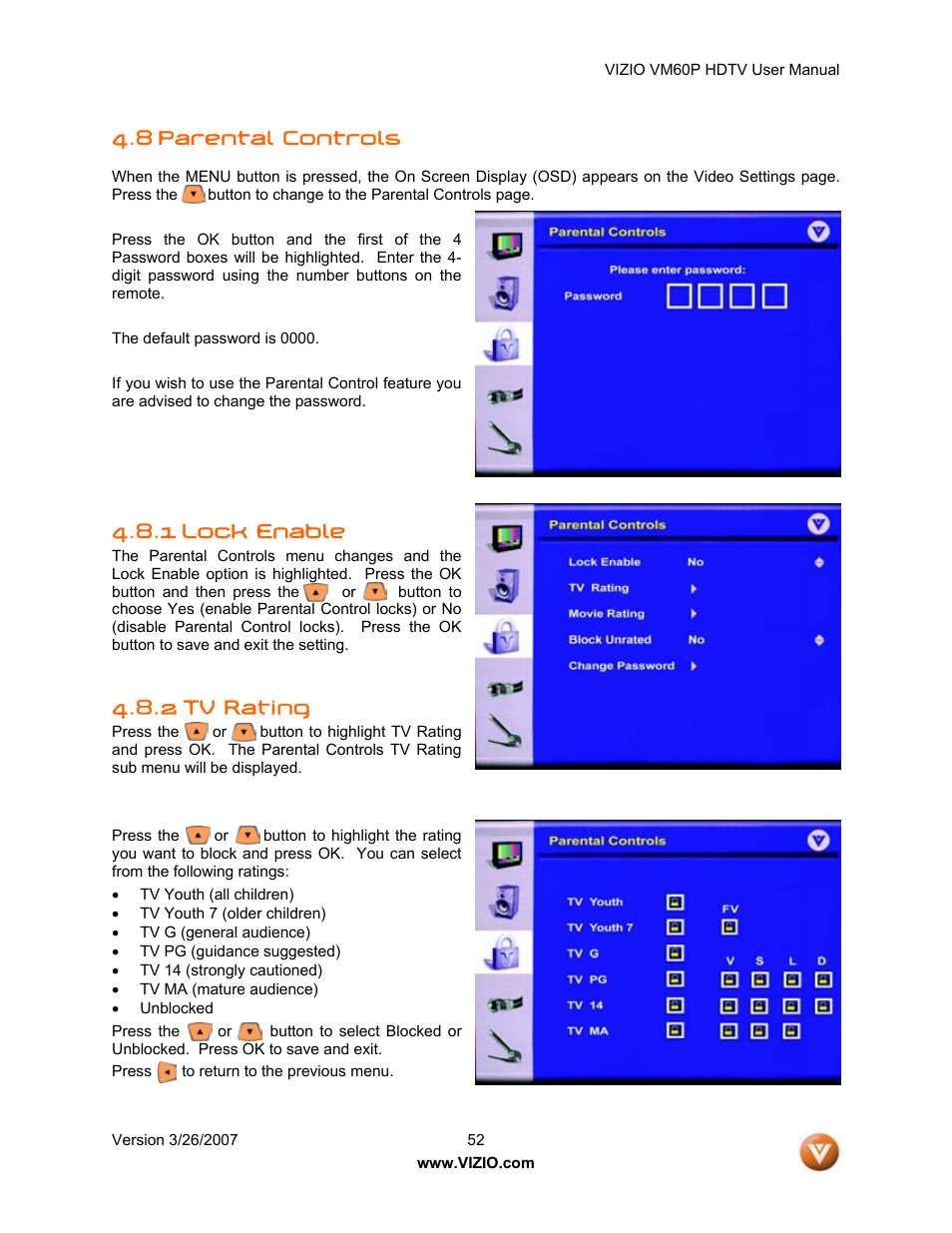 8 parental controls, 1 lock enable, 2 tv rating | Vizio VM60P User Manual | Page 52 / 75