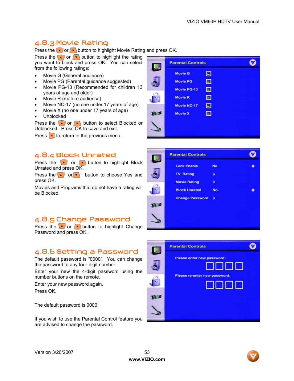 3 movie rating, 4 block unrated, 5 change password | 6 setting a password | Vizio VM60P User Manual | Page 53 / 75