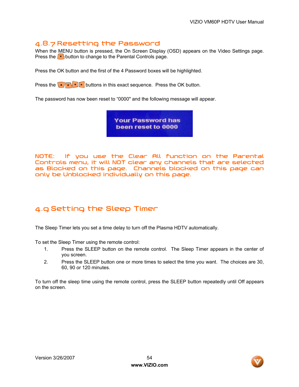 9 setting the sleep timer, 7 resetting the password | Vizio VM60P User Manual | Page 54 / 75